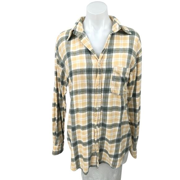12th Tribe Tops - 12th Tribe Green Beige Plaid Checkered Flannel Button Down Shirt Blouse Top Sz S